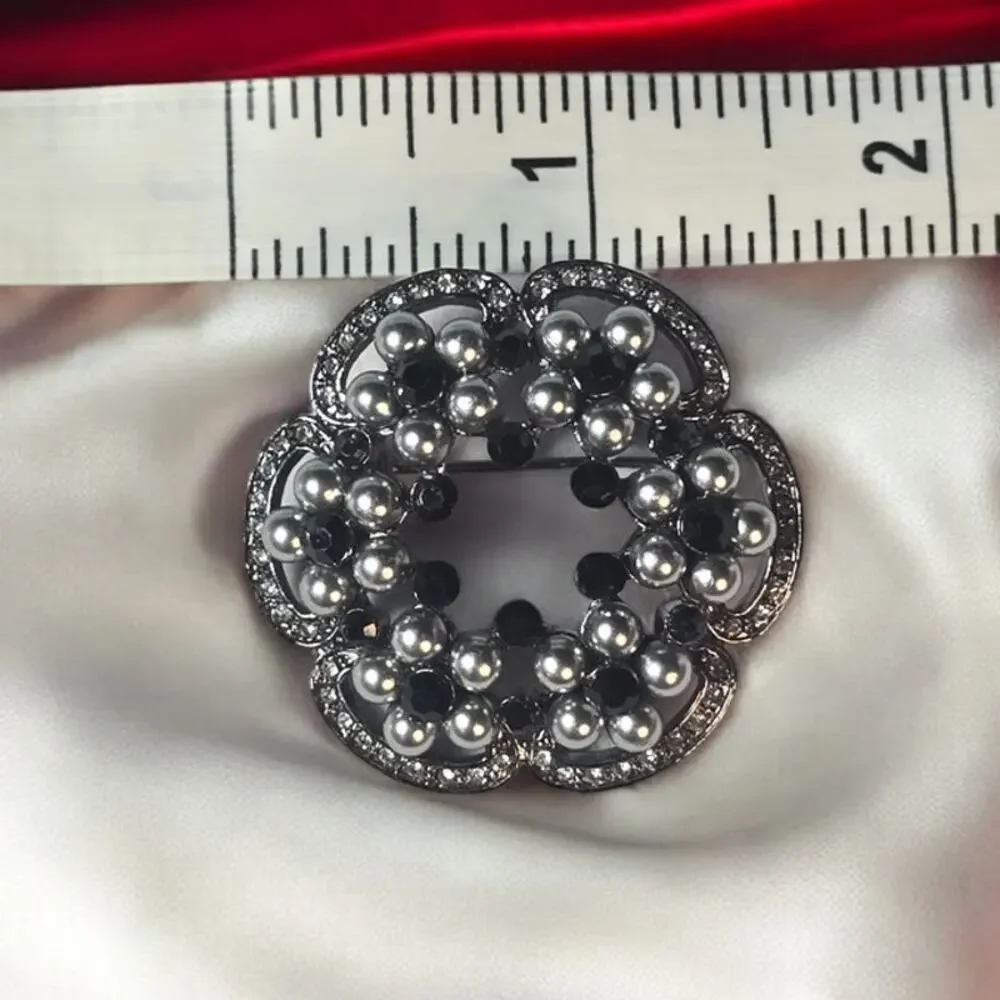 Black Rhinestone & Gray Pearl Floral Brooch Vintage Silver Tone Statement Pin